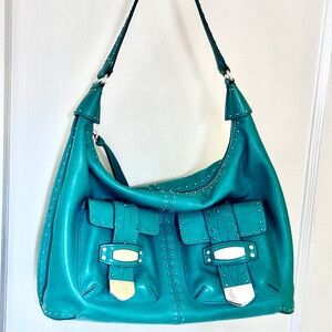 Michael Kors Teal / Turquoise Silver tone Studded Leather Shoulder Hobo Bag, EUC